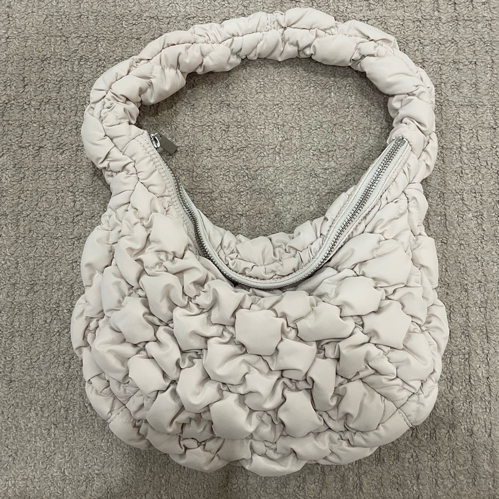 Aritzia Quilted Ruched Shoulder Bag in Light Cream